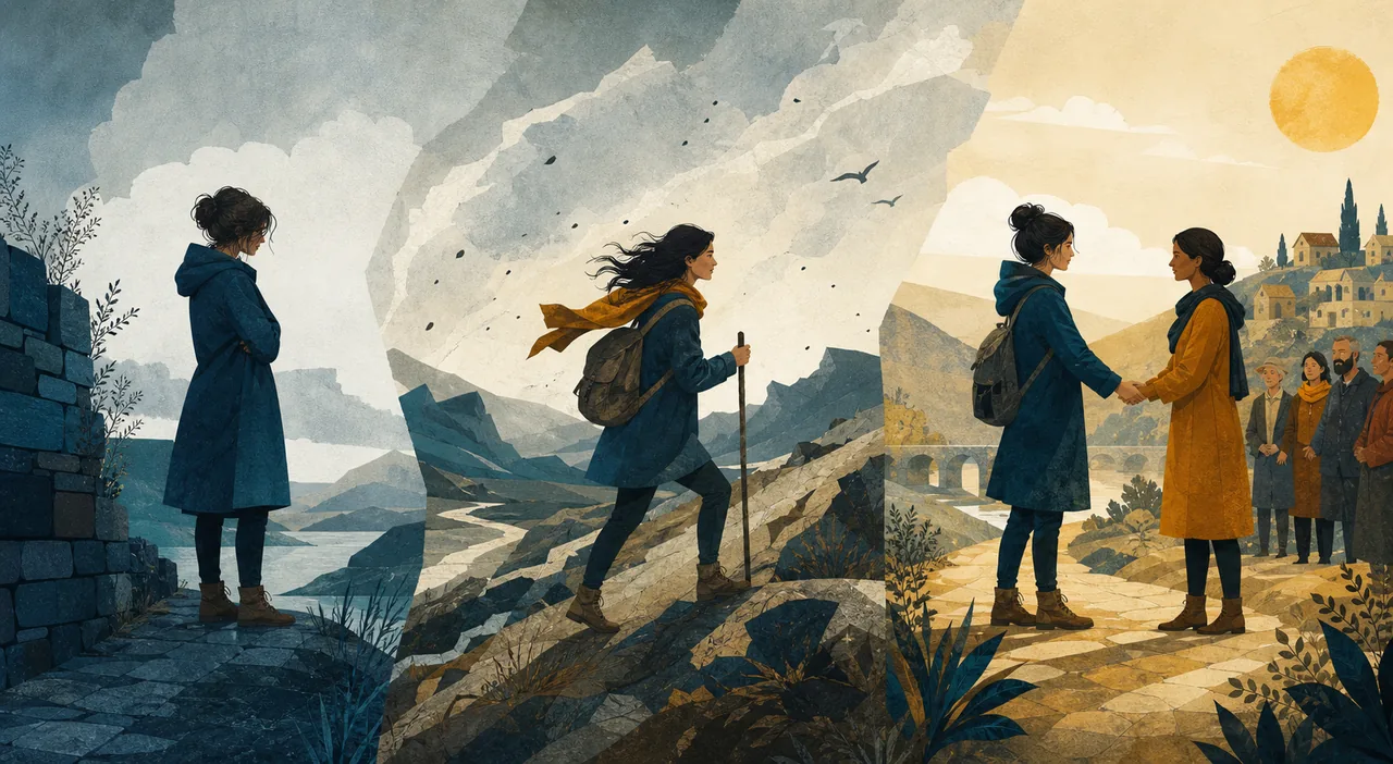 One protagonist shown moving from isolation through struggle to connection across a character arc