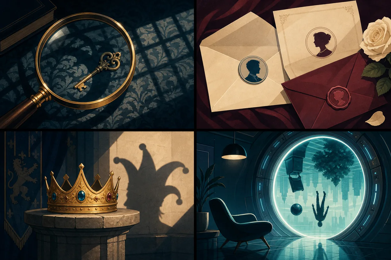 Editorial scenes representing mystery, romance, fantasy, and science fiction plot twists