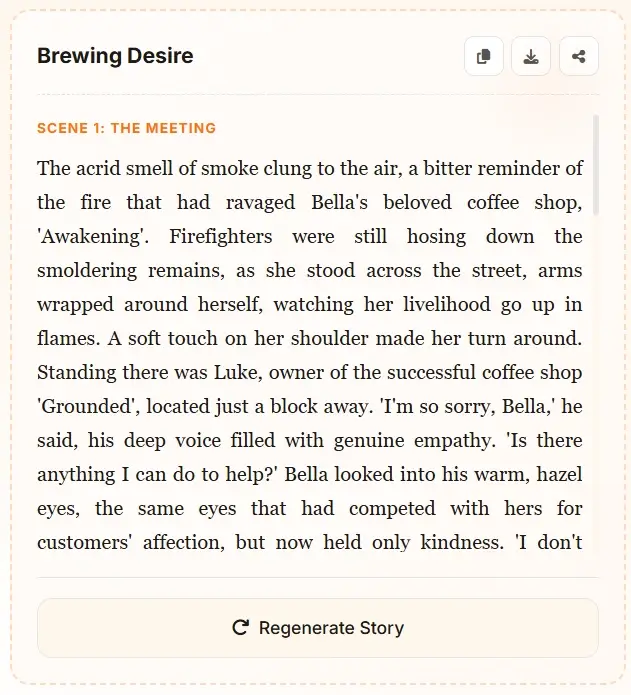 AI generated romance story example - Brewing Desire scene