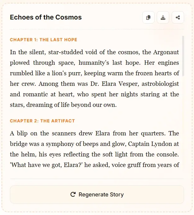 AI story generator sci-fi example - Echoes of the Cosmos chapter