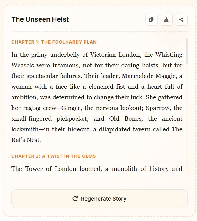 AI Story Generator example - The Unseen Heist chapter output