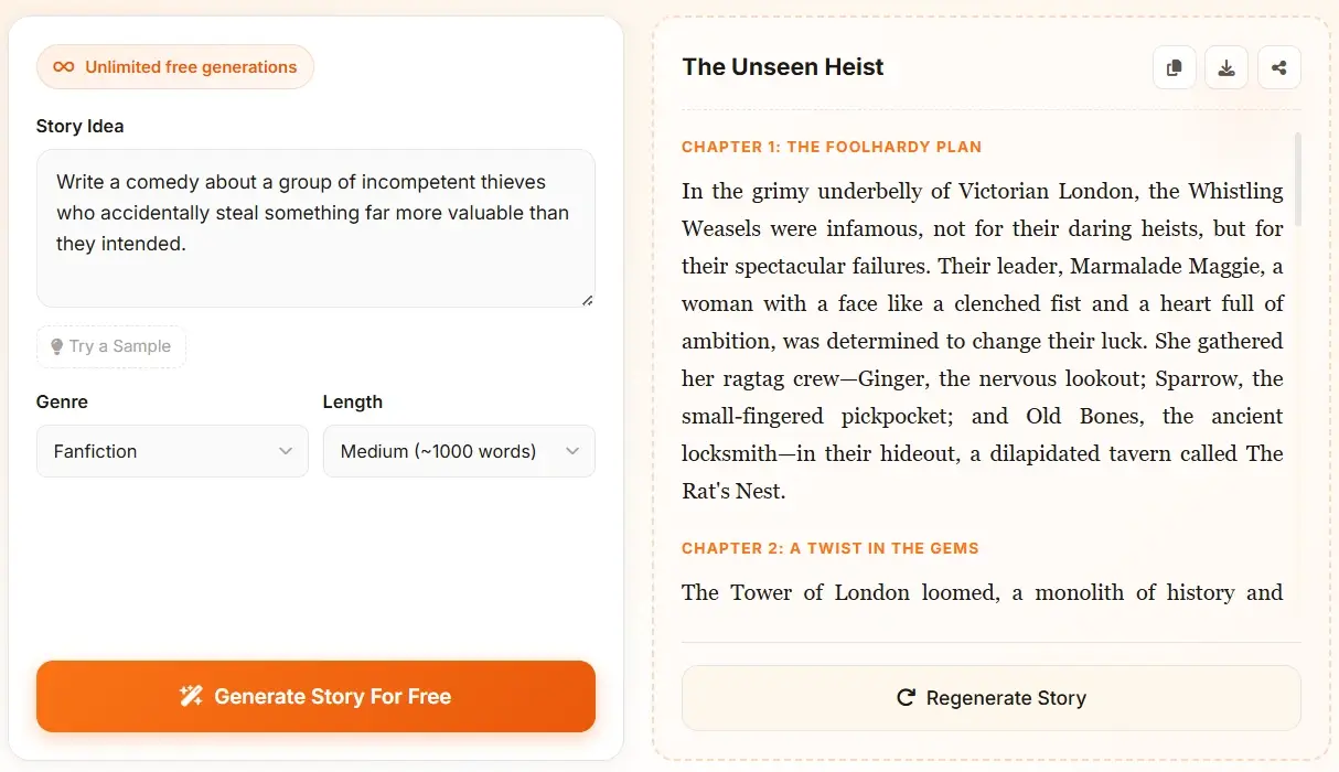 AI Story Generator editor view - The Unseen Heist story editing
